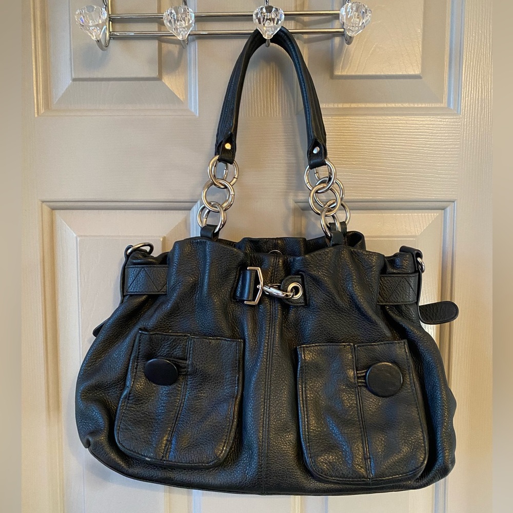 SYLVIE CELINE Leather Hobo Style Black Handbag with Front Pockets